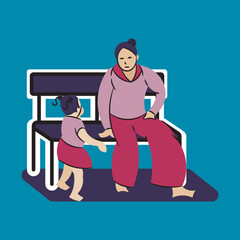 illustration of a mother sitting on a bench looking after her daughter, vector design