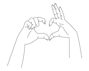 Couple hands making a heart with fingers. Vector isolated line illustration.