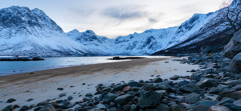 Beautiful panoramic view of fjord, beach and landscape near Tromso, Norway