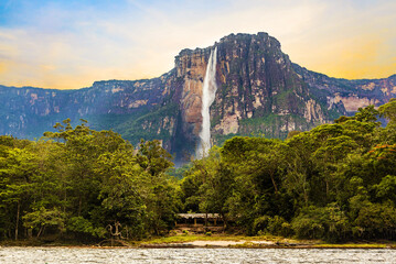 Scenic view of world's highest waterfall Angel Fall in Venezuela - obrazy, fototapety, plakaty
