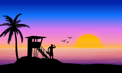 Exotic Beach Landscape with Lifeguard and palm tree in 80's synthwave retro style. Outrun panoramic design. Sea side, west coast, miami vibes. Vintage view with sunset. Baywatch graphic.