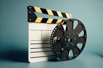 Vintage film reel bobin and clapperboard background for cinema design.