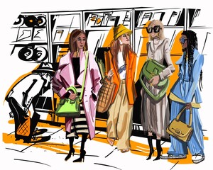 Group of fashion woman near shop