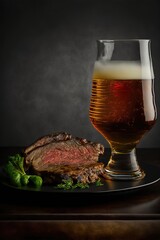 Still life with beer aned steaks. Genarative AI