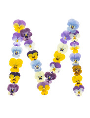 Flower font Alphabet made of Real pansy flowers.