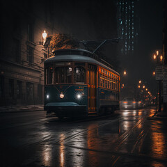 tram in the night - ai - obrazy, fototapety, plakaty