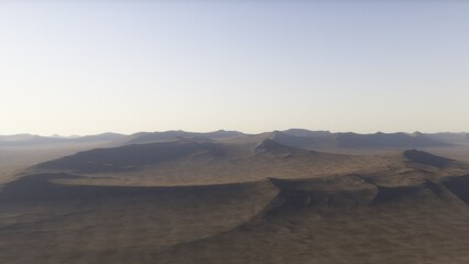 Mars like red planet, with arid landscape, rocky hills and mountains, for space exploration and science fiction backgrounds.
