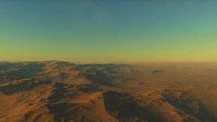 Mars like red planet, with arid landscape, rocky hills and mountains, for space exploration and science fiction backgrounds.
