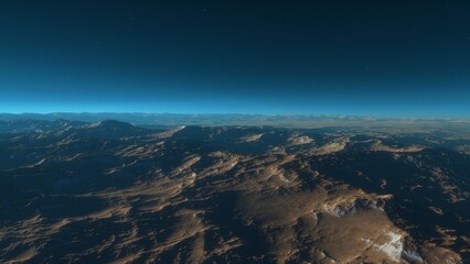 Mars like red planet, with arid landscape, rocky hills and mountains, for space exploration and science fiction backgrounds.
