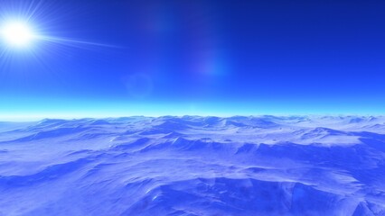 Mars like red planet, with arid landscape, rocky hills and mountains, for space exploration and science fiction backgrounds.
