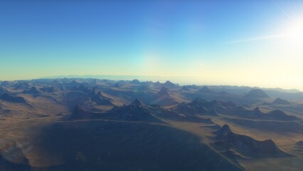Naklejka premium Mars like red planet, with arid landscape, rocky hills and mountains, for space exploration and science fiction backgrounds. 