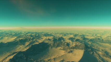 Mars like red planet, with arid landscape, rocky hills and mountains, for space exploration and science fiction backgrounds.
