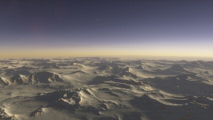 Mars like red planet, with arid landscape, rocky hills and mountains, for space exploration and science fiction backgrounds.
