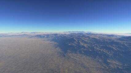 realistic surface of an alien planet, view from the surface of an exo-planet, canyons on an alien planet, stone planet, desert planet 3d render
