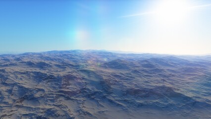 realistic surface of an alien planet, view from the surface of an exo-planet, canyons on an alien planet, stone planet, desert planet 3d render
