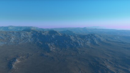 Exoplanet fantastic landscape. Beautiful views of the mountains and sky with unexplored planets. 3D illustration.
