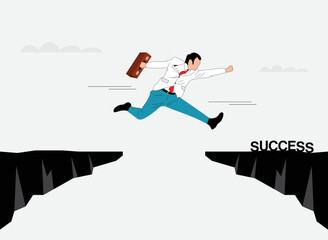 Businessman jumping over mountain chasm to get success