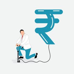Man in a suit pumping air in rupee ballon. Business growth concept vector