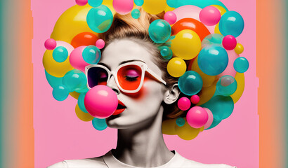 Fashion girl with bubble gum bubbles. 60s retro pop art Illustration, Generative AI - obrazy, fototapety, plakaty