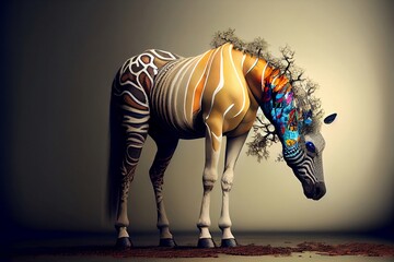 Fantastic zebra painted in different colors with trees on its head. Created with Generative AI technology.