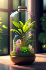 A glass jar shaped terrarium filled, Generative Ai