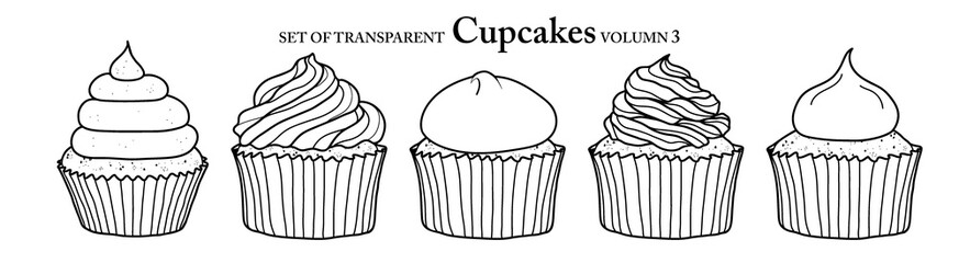 Cute hand drawn isolated black outline cupcakes on transparent background png file (Volumn 3)