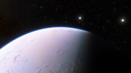 super-earth planet, realistic exoplanet, planet suitable for colonization, earth-like planet in far space, planets background 3d render
