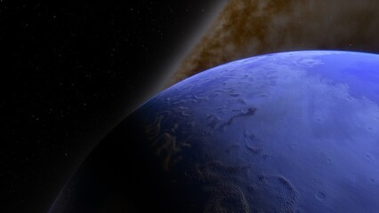 Obraz premium super-earth planet, realistic exoplanet, planet suitable for colonization, earth-like planet in far space, planets background 3d render 