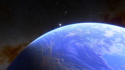 Selbstklebende Fototapete Vollmond und Bäume super-earth planet, realistic exoplanet, planet suitable for colonization, earth-like planet in far space, planets background 3d render 