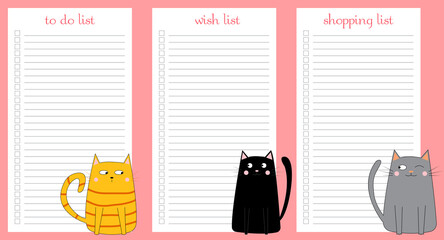 A set of to do lists, wish lists, and shopping lists. Planner template with an illustration of cute cats. Vector illustration