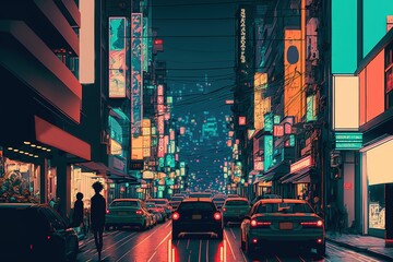 A cyberpunk future metropolis with an Asian, Japanese flavor. The skyscrapers seemed dark and ominous under the rain. Futuristic nightmare illuminated by neon signs ,made with Generative AI