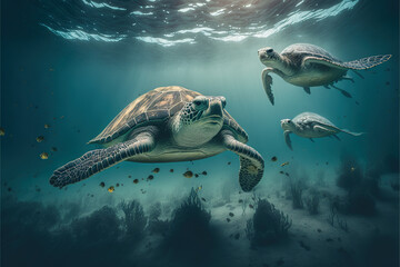 wildlife turtle in underwater.