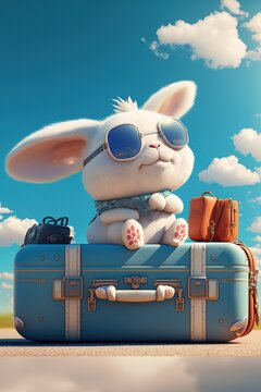 Cute white rabbit on the beach riding a blue suitcase, travel and vacation background ,made with Generative AI