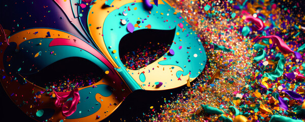 Colorful confetti and carnival mask, banner, background, generative ai 