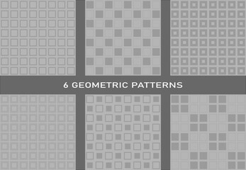 A set of 6 geometric seamless patterns made in the same style. Light background, light gray lines, geometric shapes and minimalism.