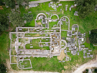 Aerial drone view of the Roman ruins of Salona at Solin, Croatia. Places of historic interest. Travel and discover history and culture. Ruins and archaeological site. 