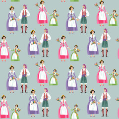 Couple, woman and girl in traditional clothes during the festival of Las Fallas (Festival of Fire) in Valencia, Spain. Seamless background pattern