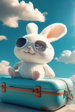 Cute white rabbit on the beach riding a blue suitcase, travel and vacation background ,made with Generative AI