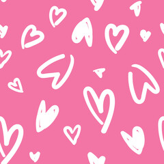 All over seamless vector repeat pattern with irregular doodle white sketched hearts on a hot pink background. Versatile Valentines day love backdrop