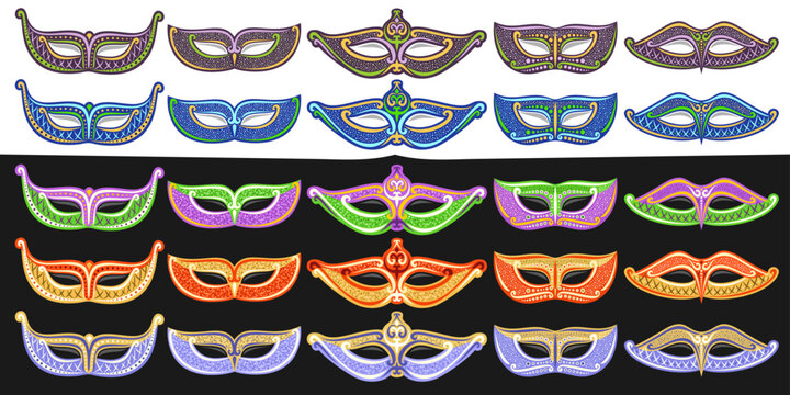 Vector Carnival Mask Set, decorative banner with collection of cut out illustration carnival masks with confetti, colorful venetian costume for caribbean summer carnival on black and white background