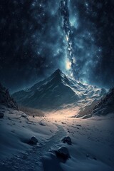 Fototapeta na wymiar At the base of a massive snow covered mountain. Serene mountain lake, night time ,made with Generative AI