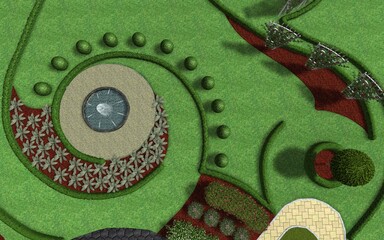 3d image of landscape design of a personal plot. Composition of a group of plants trees, bushes and flowers. Trimmed garden. Computer visualization of compositional solutions for the improvement.