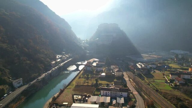 Italy. Famous medieval castles of valle d'Aosta region  - impressive Bard fort. aerial drone footage