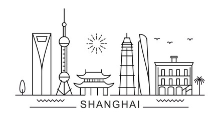 Shanghai City Line View. Poster print minimal design.