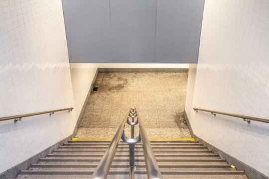 Street Level Entry Stairs To New York Subway System In Manhattan At Night, Nobody