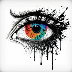 Human eye close up with colorful paint , ink splashes and drips ,made with Generative AI