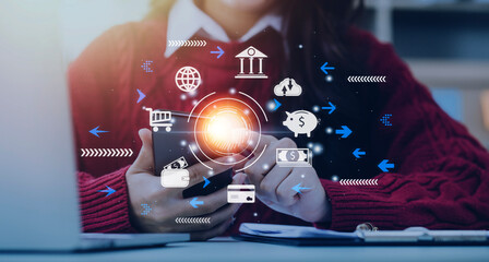 futuristic digital processing of biometric identification fingerprint scanner for access personal financial data. surveillance and security scanning of digital programs cyber futuristic applications