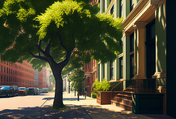Obraz premium Sun shining down on a beautiful street in New York. Old tree with branches casts an extensive shadow. Generative AI Art. American architecture with modenr and historic buildings.