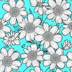 Zelfklevend Fotobehang seamless light blue pattern with flowers [Generative AI] © Jefferson