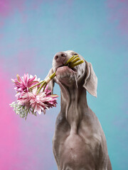 Weimaraner puppy on a colored background. Dog holding flowers in his teeth